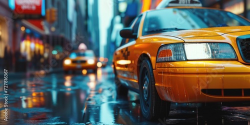 A taxi cab driving down a city street in the rain. Suitable for transportation, urban life, and rainy day concepts