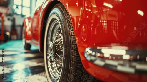 A close up view of a red car on a checkered floor. Perfect for automotive or racing themes © Fotograf