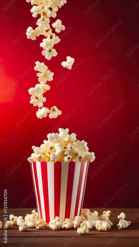 Popcorn in stripes box. Popcorn flying in the air on a red background. Generated AI