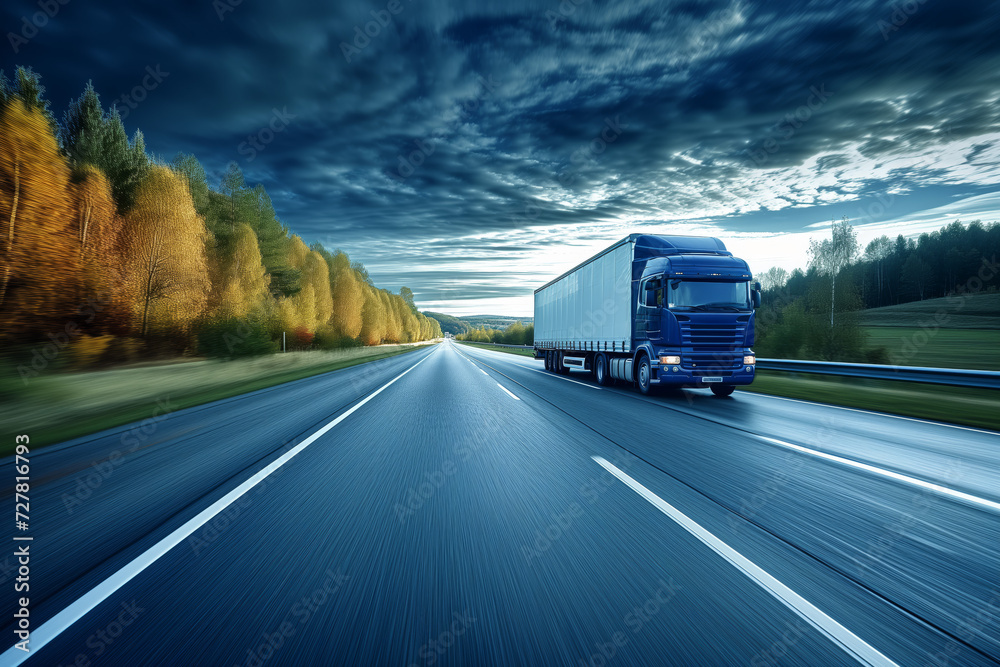 Obraz premium Blue truck on paved road with autumn trees. Suitable for banner, flyer, or advertisement