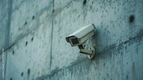 A security camera mounted on the side of a building. Suitable for illustrating surveillance, monitoring, and security concepts