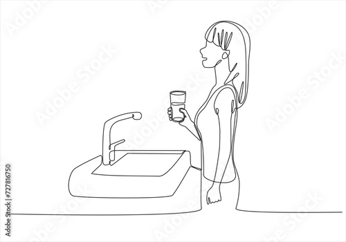continuous line of a girl using mouth wash on a white background