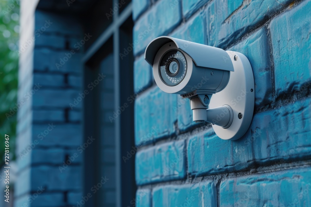 A security camera mounted on the side of a building. Suitable for surveillance and security-related concepts