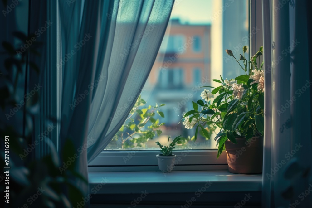 A potted plant sitting on a window sill. Can be used to add a touch of nature to interior design or showcase the beauty of indoor gardening A potted plant sitting on a window sill. Can be used to add a touch of nature to interior design or showcase the beauty of indoor gardening