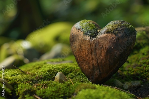 A heart-shaped object is pictured on a moss-covered ground. This image can be used for various purposes