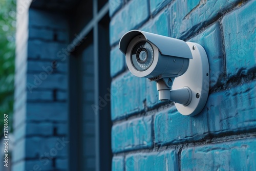 A security camera mounted on the side of a building. Suitable for surveillance and security-related concepts