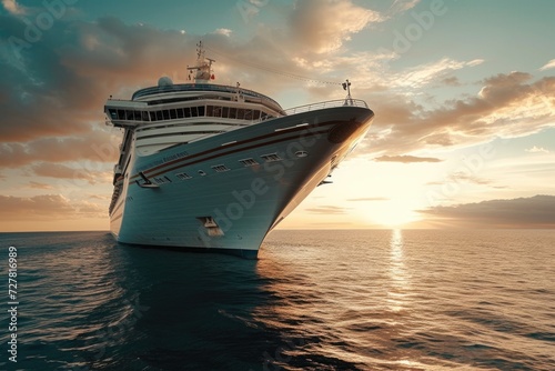 A breathtaking view of a cruise ship sailing in the ocean during a beautiful sunset. Perfect for travel brochures and vacation promotions