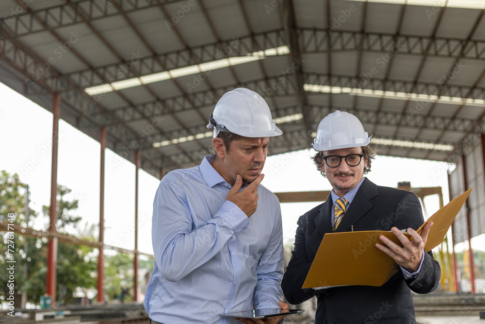 Two managers are using technology from tablet and folder to monitor the production system in a construction factory. Team work in factory quality control