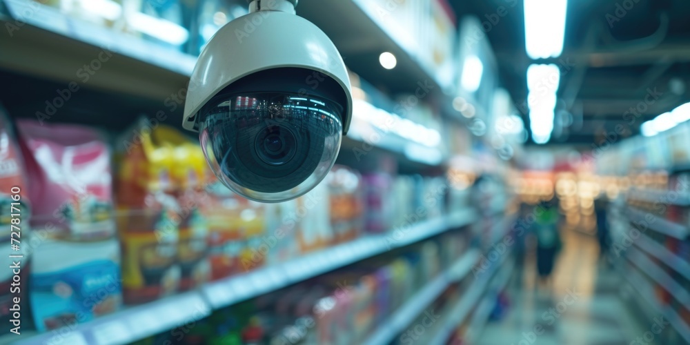 A surveillance camera capturing activity in a grocery store. Can be used to monitor for theft or ensure safety A surveillance camera capturing activity in a grocery store. Can be used to monitor for theft or ensure safety
