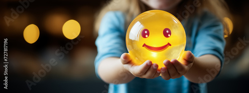 A young girl hand holding a radiant ball of positivity, her face beaming with happiness. Mental health and wellbeing positive environment Concept. Generative AI.