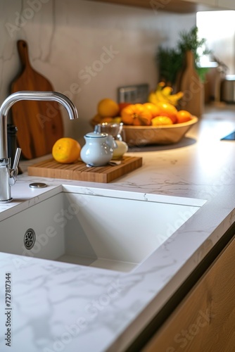 A kitchen counter featuring a sink and a bowl of fresh fruit. This image can be used to depict a clean and organized kitchen space.