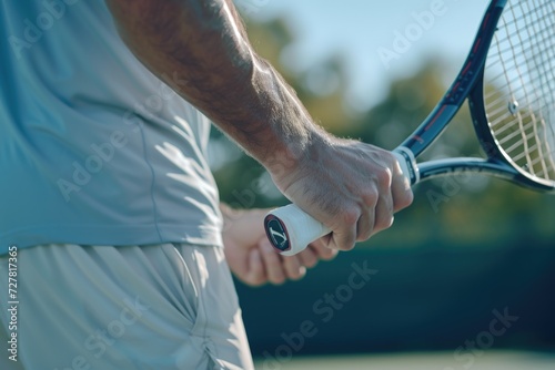 A man holding a tennis racquet on a tennis court. Suitable for sports and fitness themes