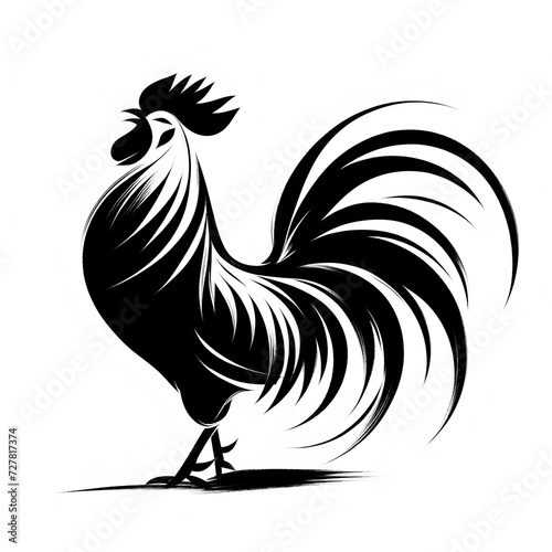 Detailed Black and White Illustration of a rooster Standing, white background