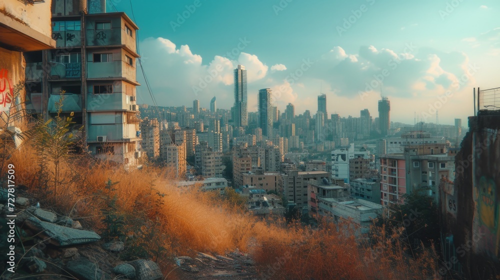 A view of a city with towering buildings. Perfect for urban-themed designs and architecture projects