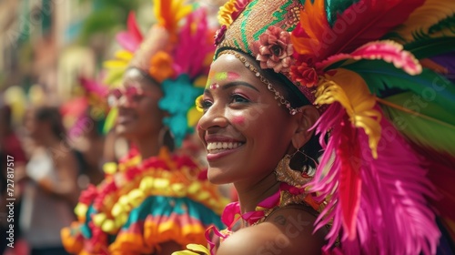 A woman wearing a vibrant headdress smiles at the camera. This image can be used to portray cultural diversity and happiness