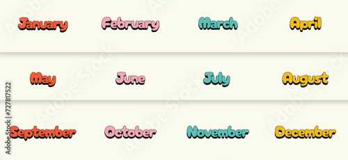 cute style name of months calendar letter, monthly calendar text set. lettering name of month vector illustration