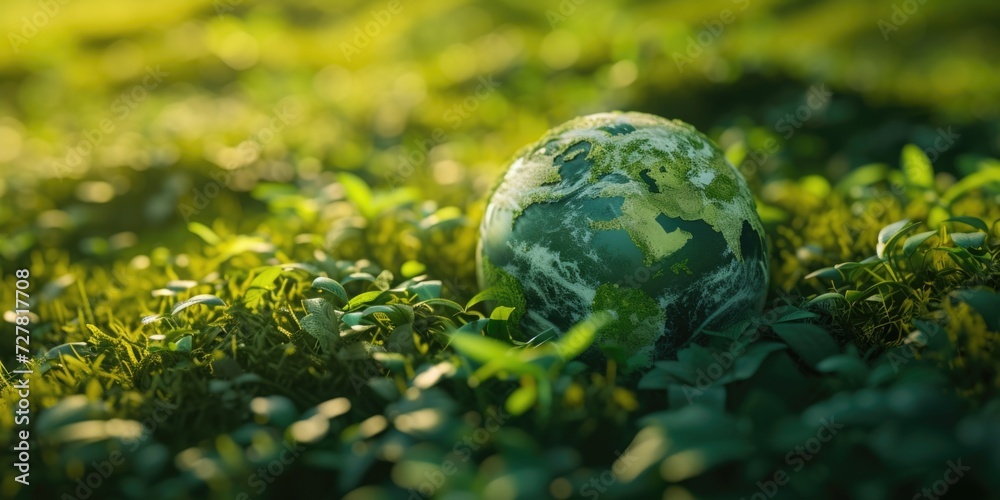 A green globe sits atop a vibrant green field, representing the beauty of nature and environmental sustainability. Ideal for eco-friendly and conservation-themed projects A green globe sits atop a vibrant green field, representing the beauty of nature and environmental sustainability. Ideal for eco-friendly and conservation-themed projects