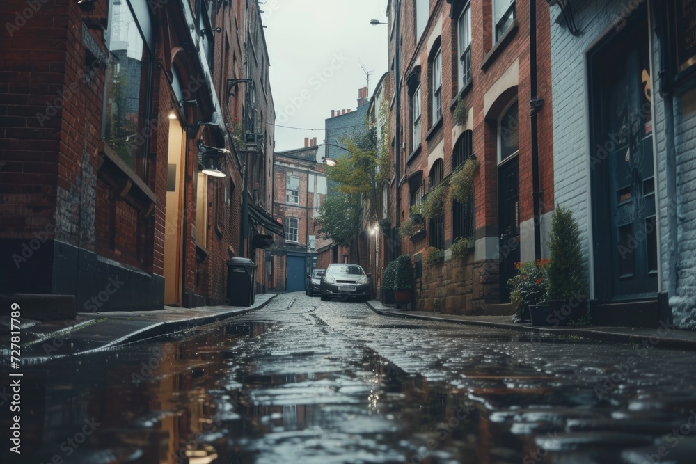 A car is seen driving down a wet street with tall buildings in the background. This image can be used to depict urban city life or rainy weather conditions
