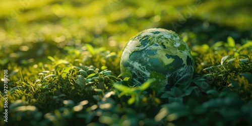 A green globe sits atop a vibrant green field, representing the beauty of nature and environmental sustainability. Ideal for eco-friendly and conservation-themed projects