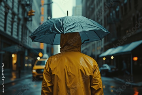 A man wearing a bright yellow raincoat holds an umbrella to shield himself from the rain. Perfect for weather-related designs and concepts