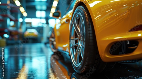 A vibrant yellow sports car parked inside a garage. This image can be used to represent luxury vehicles, car maintenance, or automotive enthusiasts