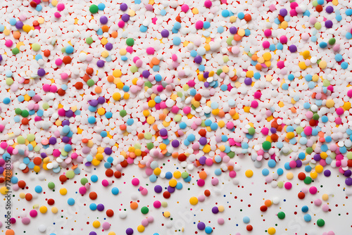Colorful sprinkles banner background, colorful falling decorative sprinkles background. Generative AI.