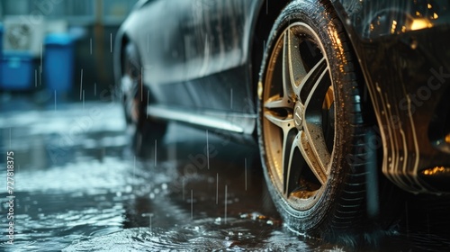 A close-up view of a car in the rain. This image captures the raindrops on the car's windshield, creating a moody and atmospheric effect.