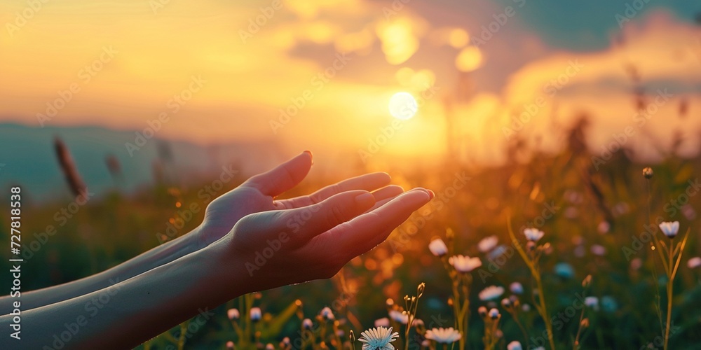Woman hands praying for blessing from god on sunset background - obrazy, fototapety, plakaty 