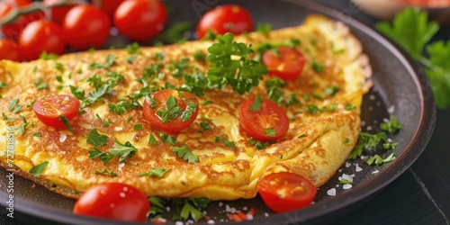 A delicious omelet made with tomatoes and parsley  served on a plate. Perfect for a healthy breakfast or brunch option
