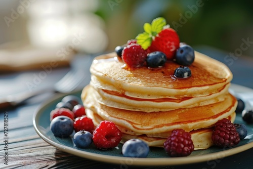 A stack of pancakes topped with fresh berries and blueberries. Perfect for breakfast or brunch