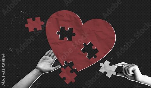 Trendy Halftone Collage Two Hand put together heart-shaped puzzle. Concept of building love and strong relationships. Mental health care team working. Valentine's day. Contemporary vector art
