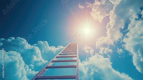 A ladder reaching towards the sky with the sun shining in the background. Ideal for representing growth, progress, and aspirations. Suitable for various projects and designs