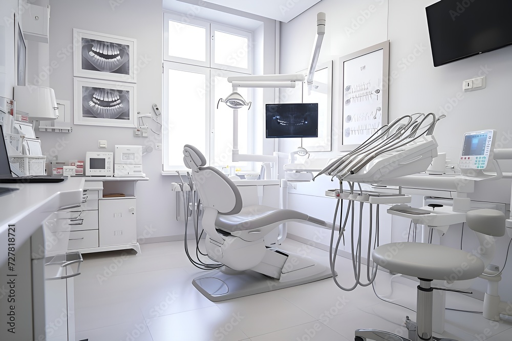 Dentist chair in a modern dental clinic with a window in the background