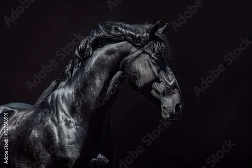 A detailed close-up shot of a horse against a black background. Perfect for equestrian enthusiasts or for adding a touch of elegance to any project