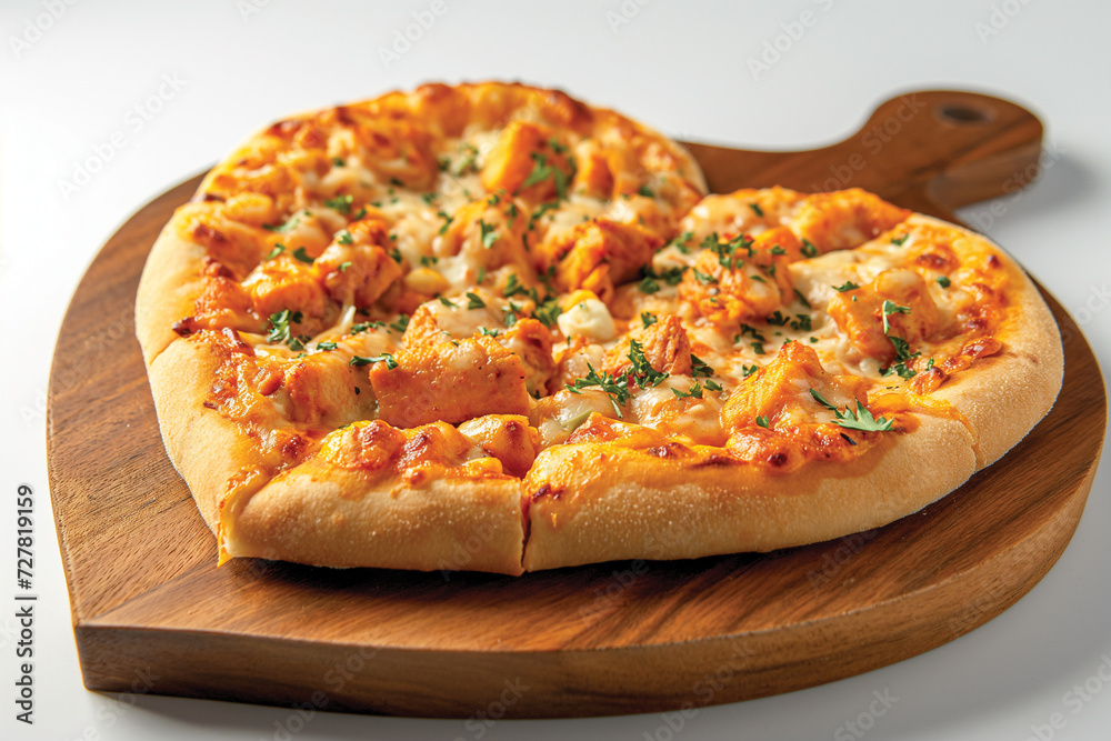 Heart shaped Tandoori Chicken Pizza on a wooden plate Heart shaped Tandoori Chicken Pizza on a wooden plate