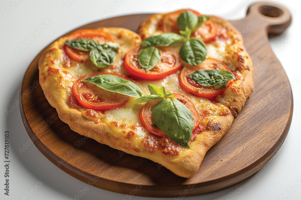 Heart shaped Margherita Pizzaon on a wooden plate
