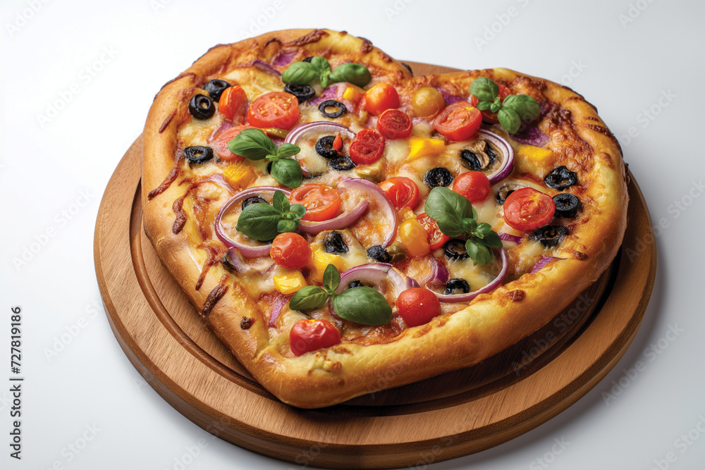 Heart shaped Farmhouse Pizza on a wooden plate