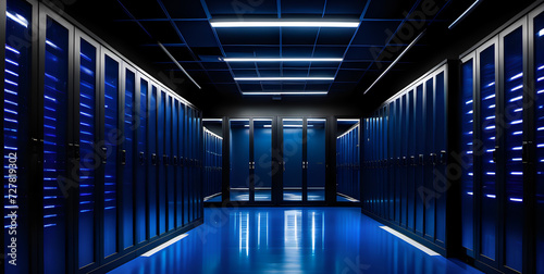 Cryptic Network Hub: Dark-Styled Data-center Server Rooms with Deep Blue Accents for Wallpaper or Background