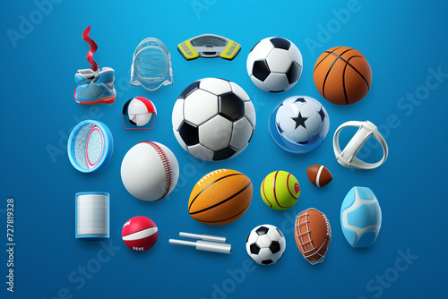 Collection of 3d sport icon collection isolated on blue  Sport and recreation for healthy life style concept