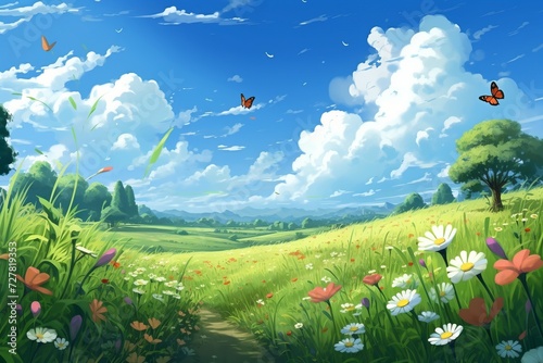 Summer fields, hills landscape, green grass, blue sky with clouds, flat style cartoon painting illustration. Anime Digital Painting Landscape
