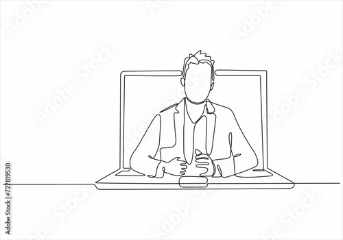 One single line image on the laptop shows a male lecturer teaching. Continuous line drawing design graphic vector illustration