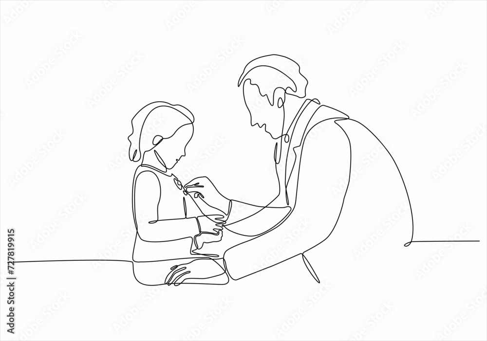 continuous line of a doctor listening to a small child who is sick ,draws a line on a white background.