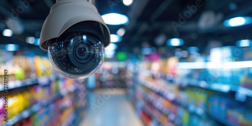 A surveillance camera capturing activity in a grocery store. Can be used for security or monitoring purposes photo