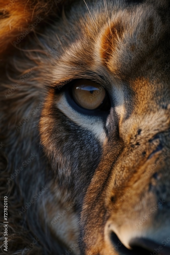 A close up view of a lion's eye. Can be used to depict the beauty and intensity of wildlife.