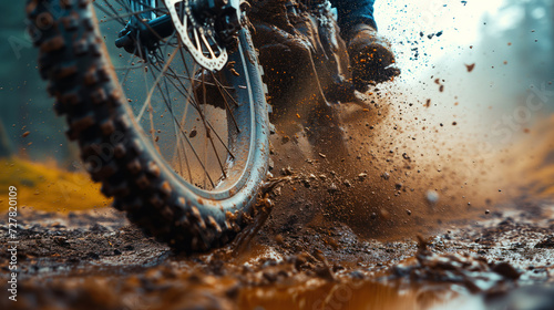 The off-road bike wheel, covered in mud, spun rapidly as the off-road vehicle navigated through the rugged terrain