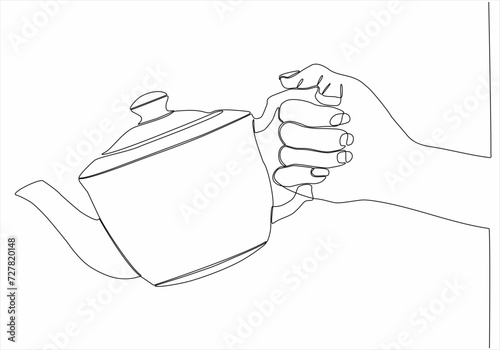 continuous line of hands holding teapot