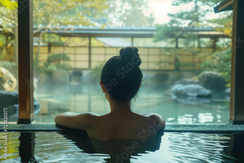 温泉に入る女性の後姿 日本の旅館イメージ