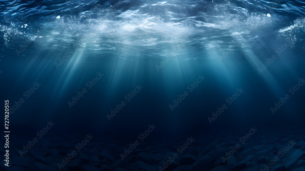 Dark blue ocean surface seen from underwater. Generative AI.