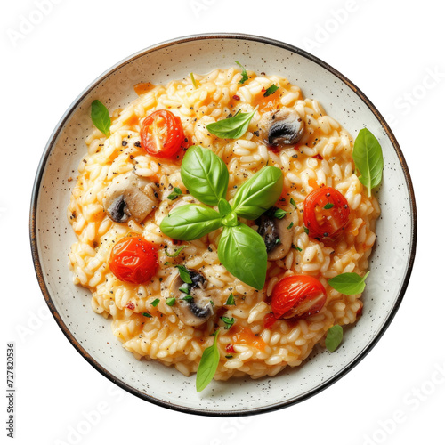 Italian risotto in plate. Top view. isolated on Transparent background