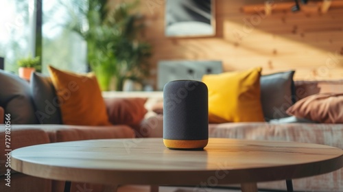 A smart speaker placed on a wooden table  suitable for technology or home decor themes